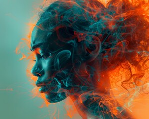 Colorful artistic portrait of a woman in profile with vibrant smoke effect blending with her silhouette, creating an abstract visual.