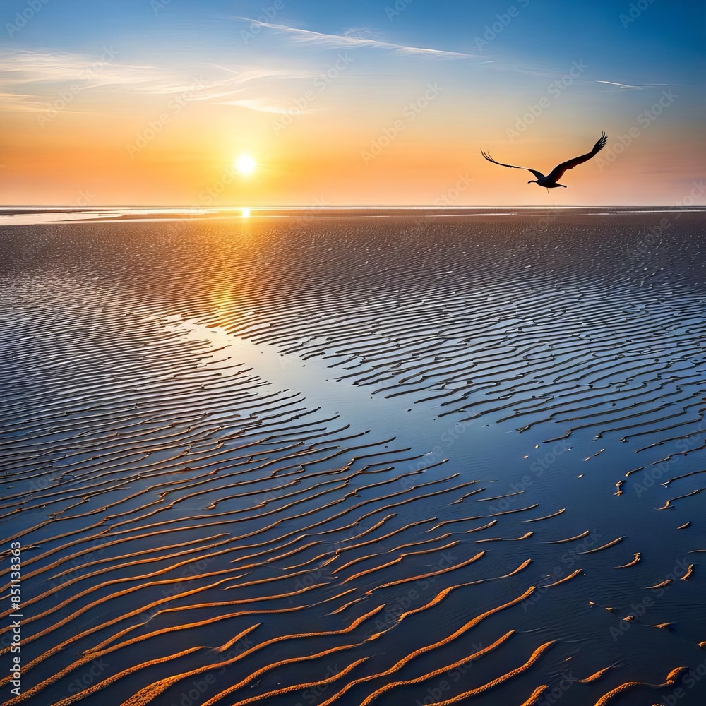 Wall mural A lonely person walking on the beach at sunset. 