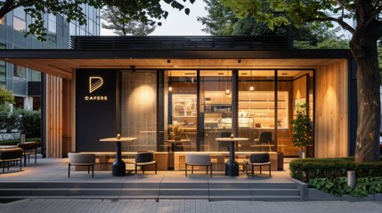 A modern cafe in Tokyo with a sleek design and inviting outdoor seating. The cafe features large windows and warm lighting, creating a cozy atmosphere.