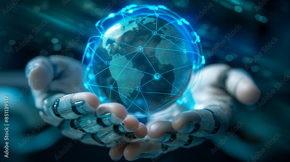 Poster a global data networking internet globe in robotic hands, futuristic artificial intelligence technol