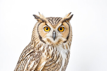 Naklejka premium Close Up Portrait of Owl With Yellow Eyes on White Background