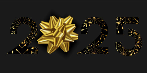 Vector. Happy new year 2025 logo text design. Golden realistic snowflake pattern. Design templates with 2025 typographic logo. Collection of happy new year 2025 symbols. Horizontal background.
