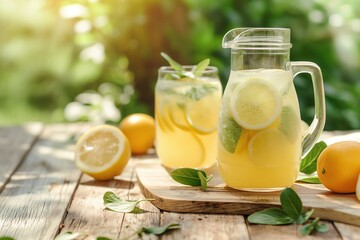 Fototapeta premium Lemonade with fresh lemon and mint in a jug on a wooden table outdoors.