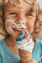 Young boy enjoys a delicious ice cream cone covered in colorful sprinkles, showcasing the joy and messiness of childhood treats