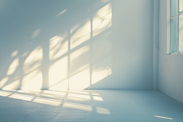 Obraz premium A soft, gentle light illuminates the white wall of an empty room. The shadows cast by the window create intricate patterns on the surface