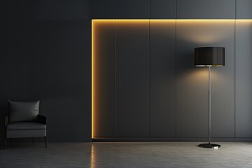 simple and minimalist design in a modern style, with a floor lamp placed in front. The background is a dark gray,