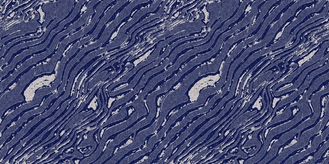 Denim blue dye effect seamless woven linen background, Distressed ink blotch mottled repeat pattern design for fashion border banner ribbon.