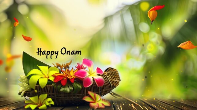 Joyous tradition: happy onam festival, celebrating vibrant cultural heritage of kerala, traditional dances, elaborate feasts, floral decorations, spirit of unity, prosperity.