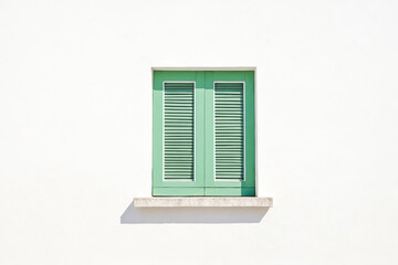 Green Window with Shutters on White Wall