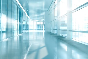 Blurred background of a modern office interior with white walls and glass windows. An abstract motion blurred  