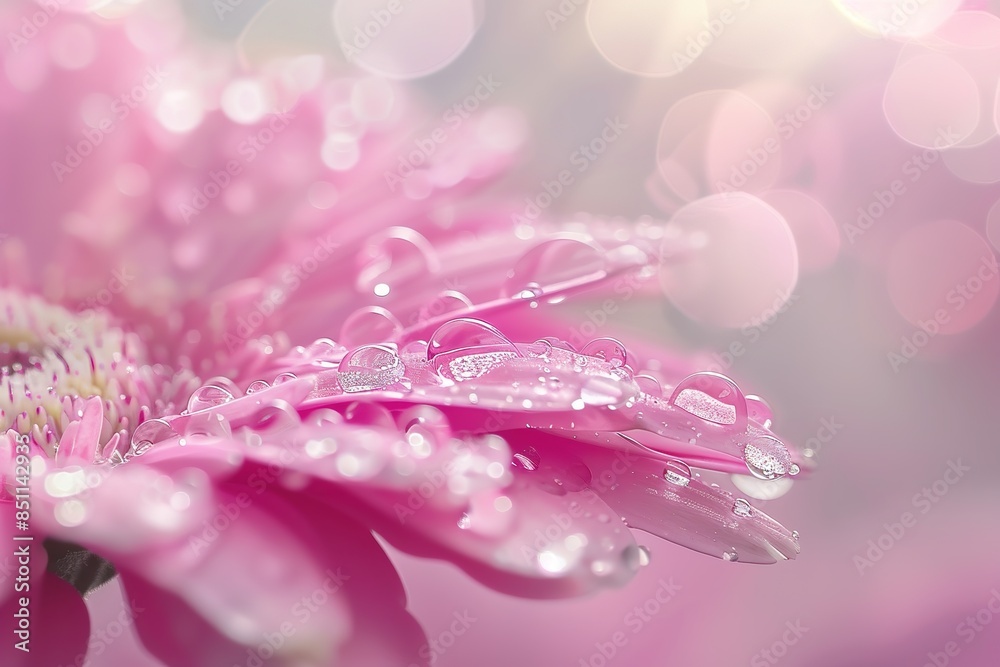 Wall mural Close up of pink water drops on the petals, macro photography with a light background and bright 