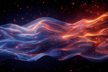 The American flag waves in the wind with glowing light effects on dark background,