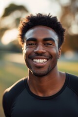 Fototapeta premium Young man exudes joy and positivity in a park, radiating confidence and determination with a fit physique