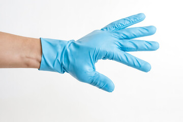 Hand in Blue Nitrile Glove Against White Background