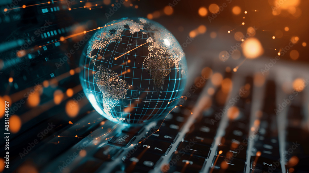 Wall mural a global data networking internet globe over a laptop global digital technology worldwide business n