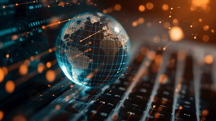 a global data networking internet globe over a laptop global digital technology worldwide business networks online data 