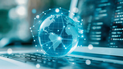 a global data networking internet globe over a laptop global digital technology worldwide business networks online data 
