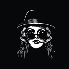 Woman Girl Lady with Cowboy Hat with Glasses and Cigarettes on Dark Black Background Illustration