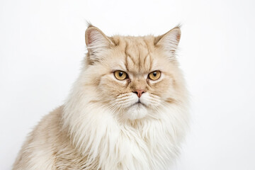 Close-up of a fluffy cat's face against a white background