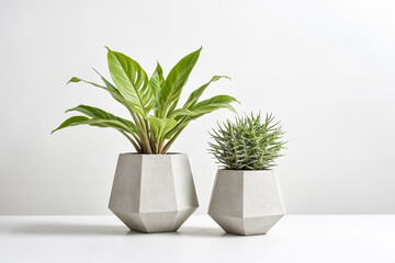 Two potted plants in geometric concrete planters on white background