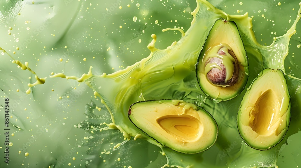 Wall mural Sliced avocado with splashes of juice close-up on a green background.  - Wall murals