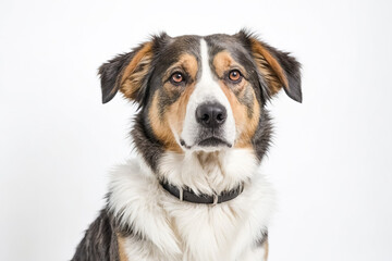 Portrait of a Tricolor Dog with Brown Eyes and a Black Collar