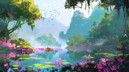 Peaceful Tranquility of the Misty Lake