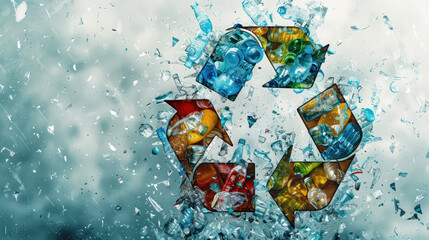 A colorful recycling symbol is shown with water splashing around it. Concept of recycling and the importance of protecting the environment. Scene is lively and energetic, with the water