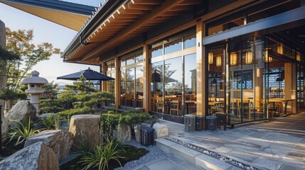 Fototapeta premium A view of a modern Japanese restaurant patio with a stone garden and lush greenery. The patio has a wooden structure with large glass windows, leading into the restaurant.