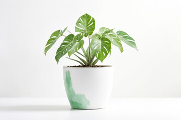 Monstera Deliciosa Plant in White Pot on White Background