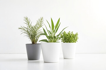 Three potted plants on a white background