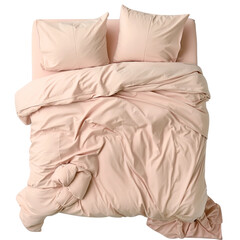 Top view of pastel light pink beige blank blanket, mattress, pillows, comforter duvet bedding double king queen single bed isolated on transparent white background, clipping path