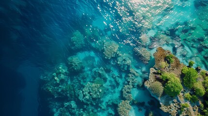 Fototapeta premium Aerial view capturing the beauty of a tropical barrier reef, lush blue waters, diverse coral life, vibrant underwater world