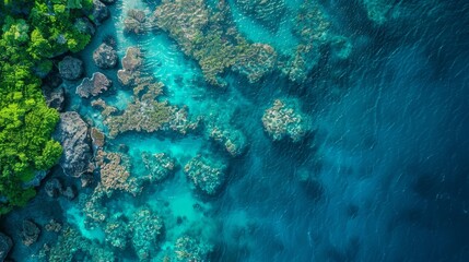 Aerial view of a vibrant blue tropical barrier reef, stunning coral formations, crystal-clear waters, intricate patterns, breathtaking marine scenery