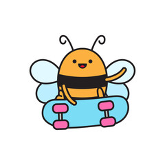 Cute bee illustration playing skateboard