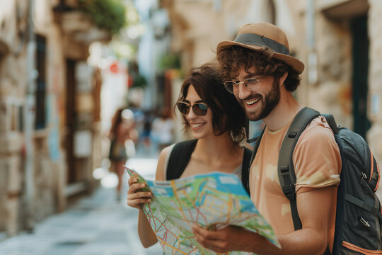 Tourist couple reading a city map while on vacation, orienting themselves for their trip, using the map to locate city landmarks