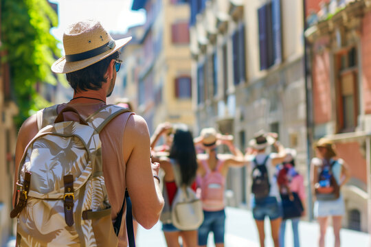 Tourists taking pictures on their urban vacation trip, accompanied by a knowledgeable guide, navigating the busy streets, immersing themselves in street tourism