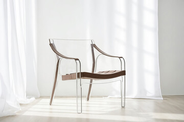 Modern Transparent Chair with Brown Leather Accents in a Minimalist Interior