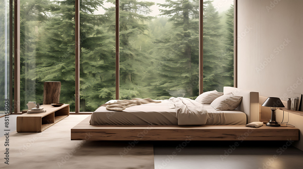 Wall mural A minimalist bedroom with a platform bed, neutral tones, and large windows letting in natural light - Wall murals