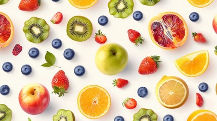 Assorted fruits including apples, oranges, blueberries, strawberries, and kiwi forming a seamless pattern on a light background, fresh and eye-catching