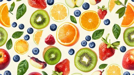 Assorted fruits including apples, oranges, blueberries, strawberries, and kiwi forming a seamless pattern on a light background, fresh and eye-catching