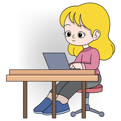beautiful girl is sitting using a laptop to complete homework