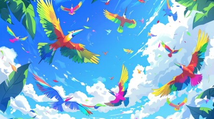 Obraz premium A Flight of Colorful Birds in a Blue Sky