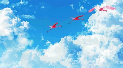 Three Flamingos Flying in a Blue Sky