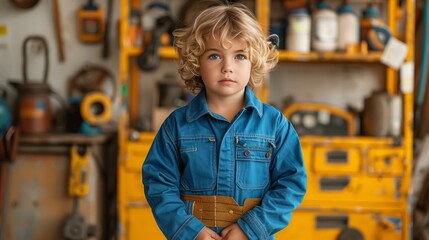 Fototapeta premium A young boy with blonde curly hair stands in a workshop, wearing a blue mechanics jumpsuit. He looks directly at the camera with a serious expression.