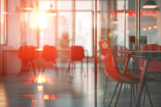 A blurred background of an office with glass walls, with desks and chairs in the foreground, a bright red accent color 