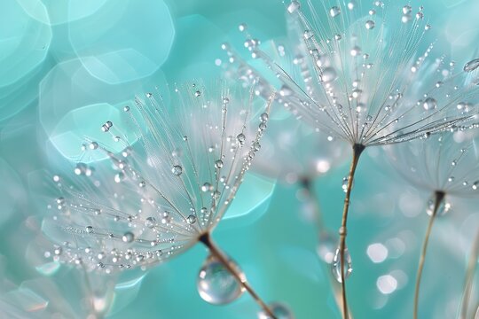 A closeup of delicate dandelion seeds with dewdrops, set against an abstract background