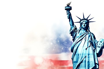 Fototapeta premium Watercolor background painting of The statue of liberty in front of an american flag with copy space