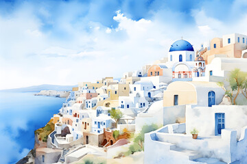 Watercolor Greece painting of white houses with blue accents built on cliffs overlooking the aegean sea in santorini © Your Background