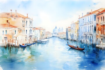 Fototapeta premium Watercolor painting of a gondolier navigating a canal in Venice, with the santa maria della salute basilica in the background